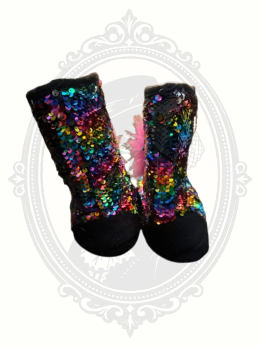 Justice Rainbow Sequin Slipper Boots Girls Size 2/3 Pink Pom Poms Cozy Indoor